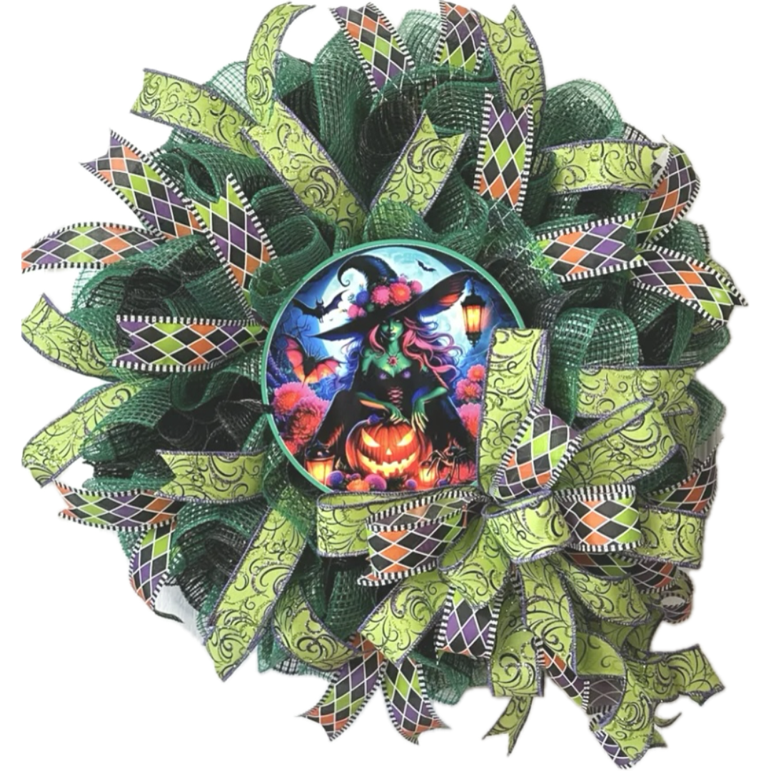 black and green halloween witch wreath