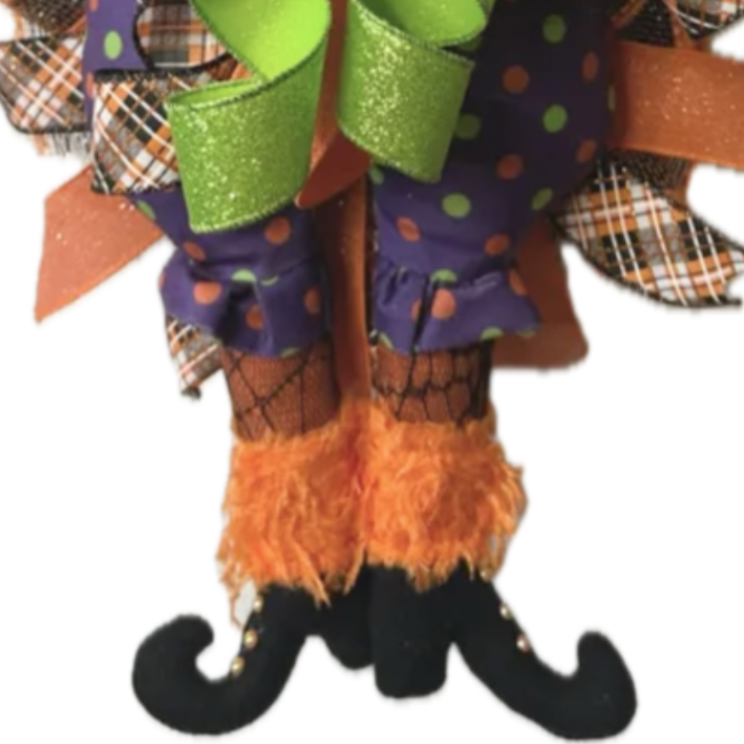 black and orange halloween witch swag wreath, focus on shoes