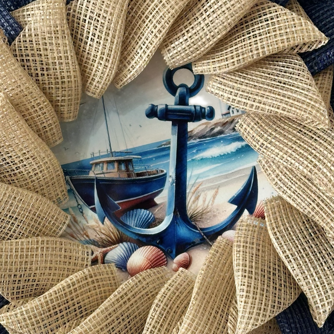 nautical wreath with burlap texture, blue anchor, and beach scene.