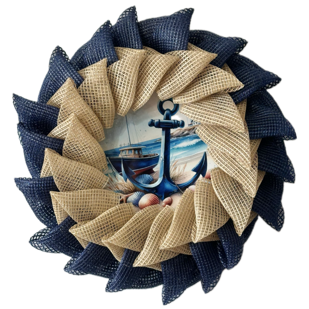 Nautical-themed wreath with anchor and boat design 