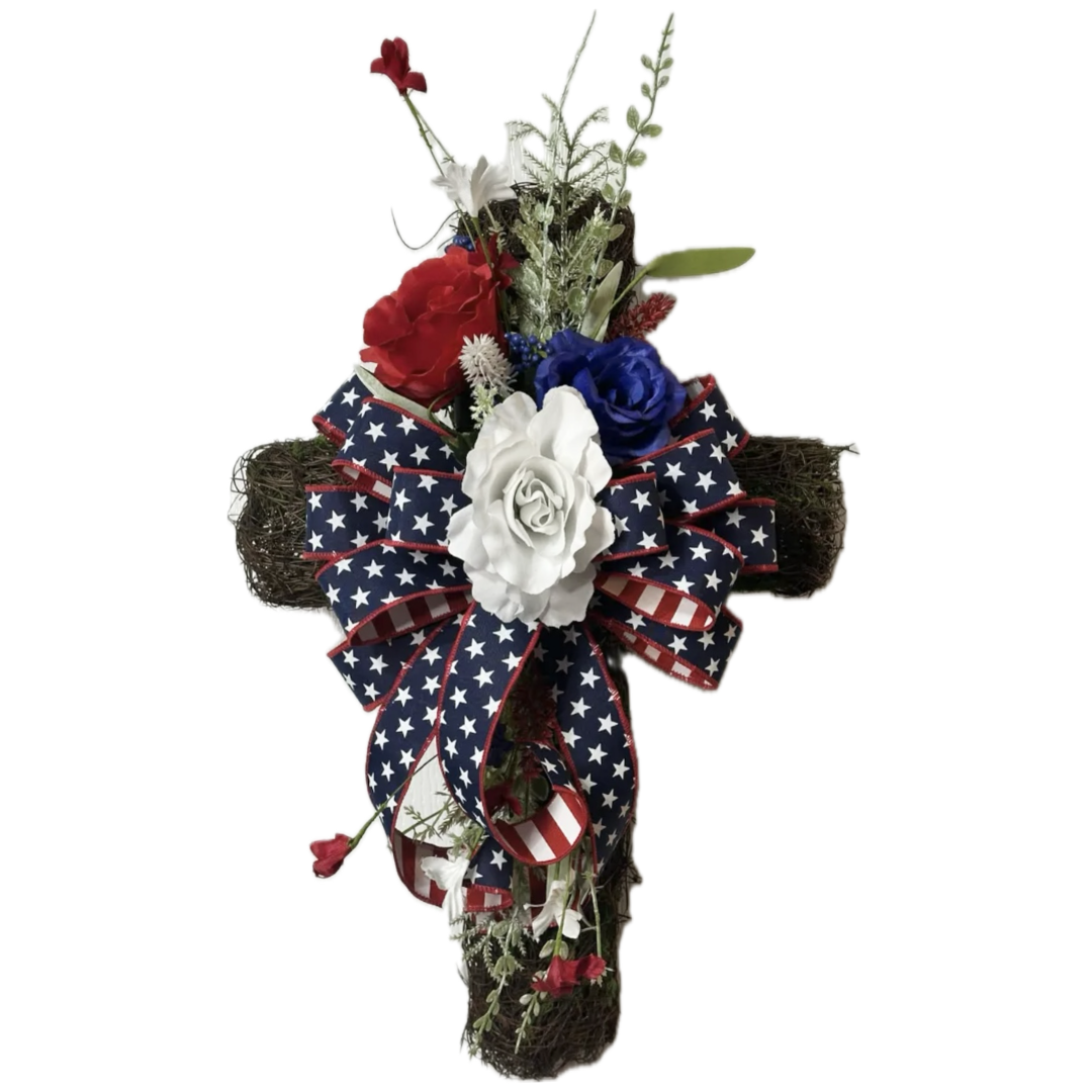 patriotic grapevine cross wreath with red white and blue roses and ribbon