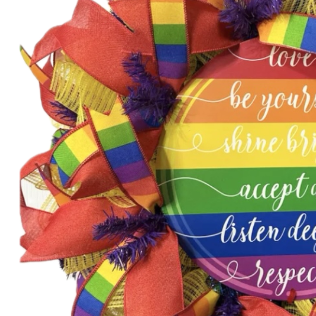 rainbow lgbtq2 wreath with ribbon and yellow deco mesh, focus on ribbon and deco mesh