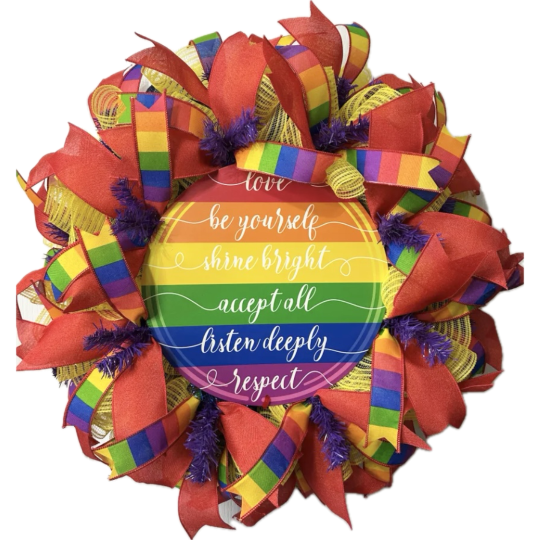 rainbow lgbtq2 wreath with ribbon and yellow deco mesh 