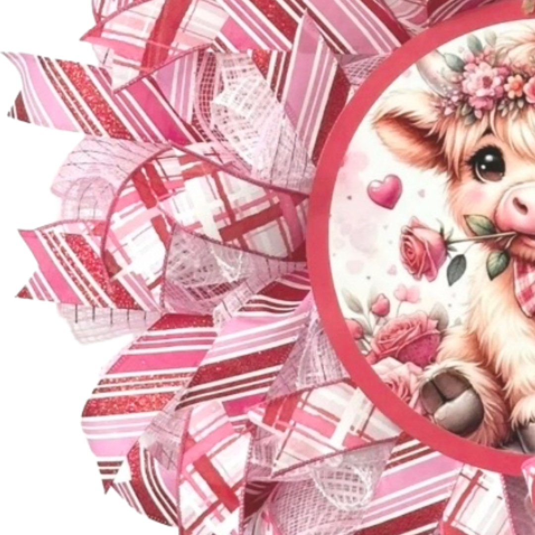 pink, red and white valentine roses highland cow wreath, focus on wreath ribbon and deco mesh