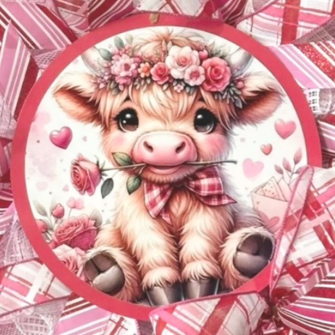 pink, red and white valentine roses highland cow wreath, focus on wreath sign