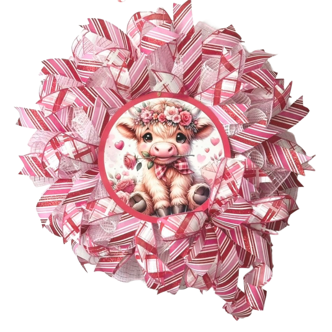 pink, red and white valentine roses highland cow wreath