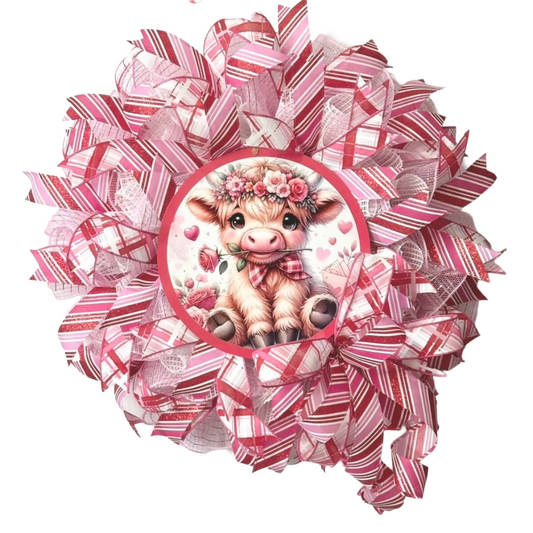 pink, red and white valentine roses highland cow wreath
