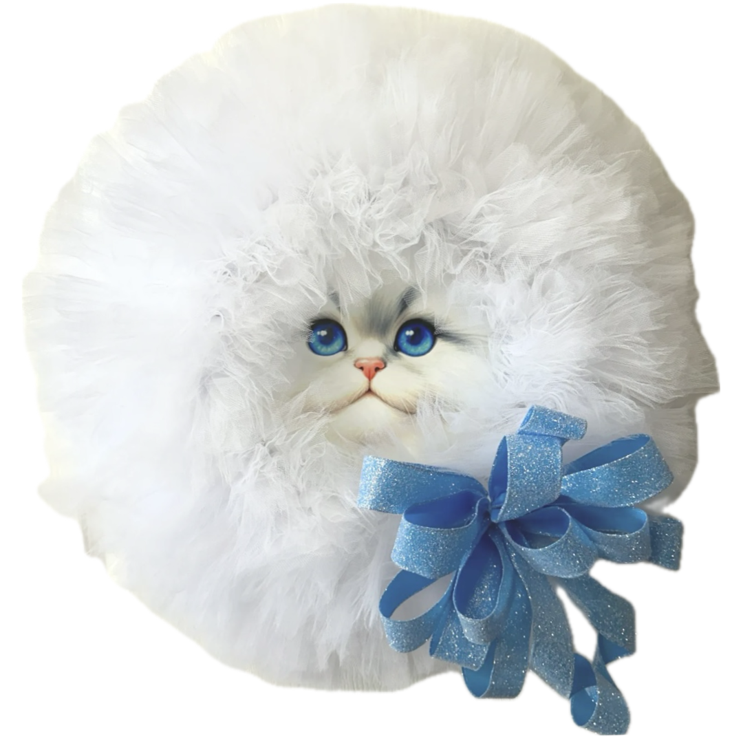 white cat face wreath with blue ribbon