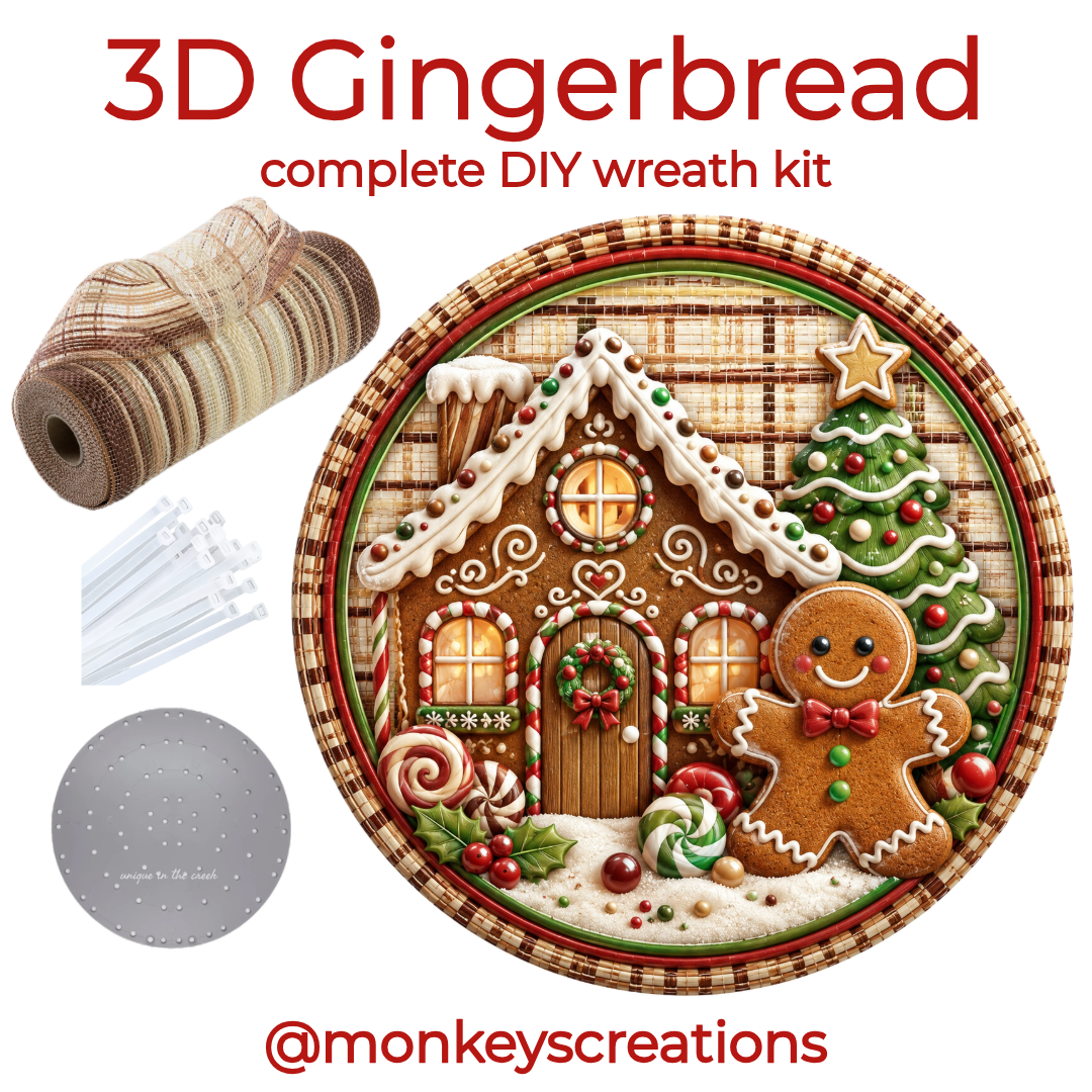Complete DIY wreath kit featuring a roll of striped gingerbread themed deco mesh, zip ties, a small board and a Christmas gingerbread and candy themed round metal wreath sign by Monkey's Creations.