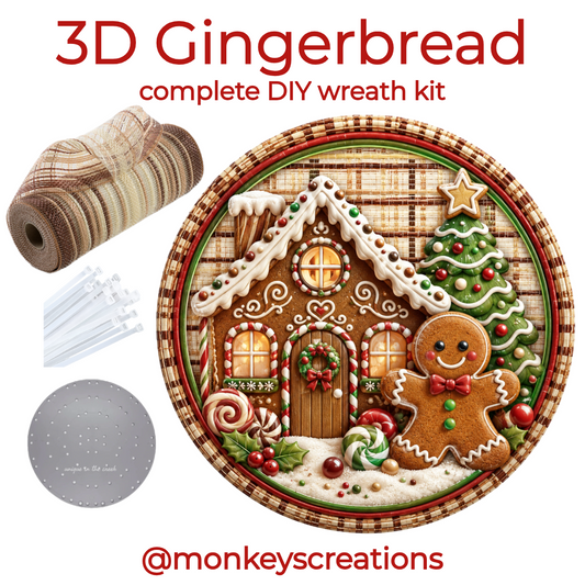 Complete DIY wreath kit featuring a roll of striped gingerbread themed deco mesh, zip ties, a small board and a Christmas gingerbread and candy themed round metal wreath sign by Monkey's Creations.