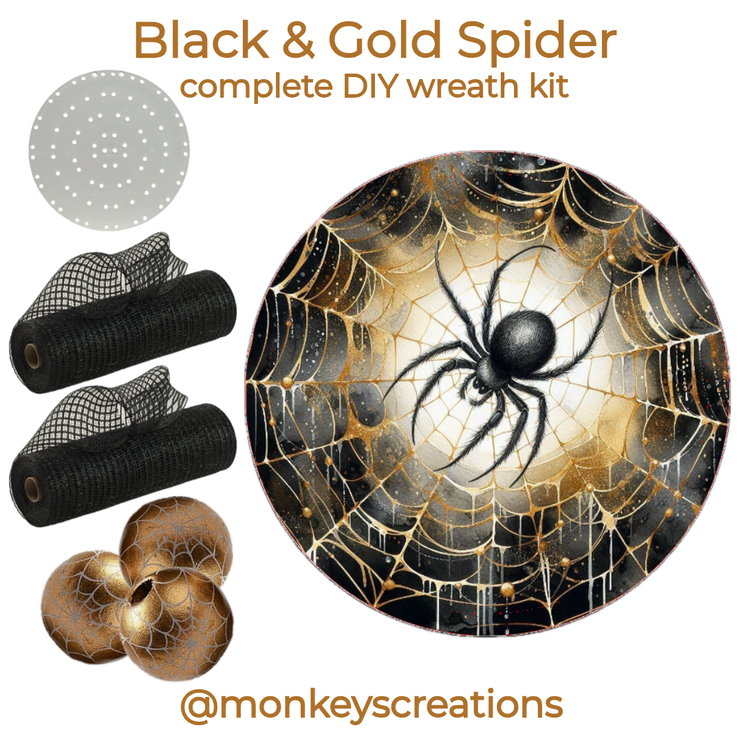 Black and gold spider complete DIY wreath kit by Monkey's Creations. Kit includes an 8" black spider on a gold web metal wreath sign by Monkey's Creations, 2 10" x 30 yard rolls of black breeze deco mesh, 40 16mm wooden gold beads with white spider webs, 100 pack of zip ties and a uitc small board.