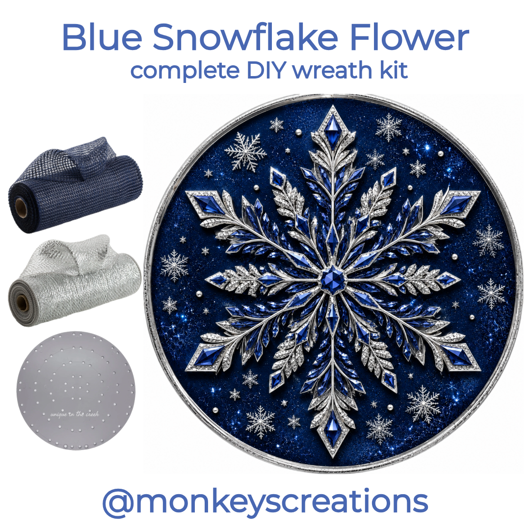 Complete DIY wreath kit by Monkey's Creations featuring an 8" jeweled navy blue and silver snowflake round metal wreath sign, 2 rolls of silver and navy blue deco mesh, a UITC small board and 100 zip ties. 