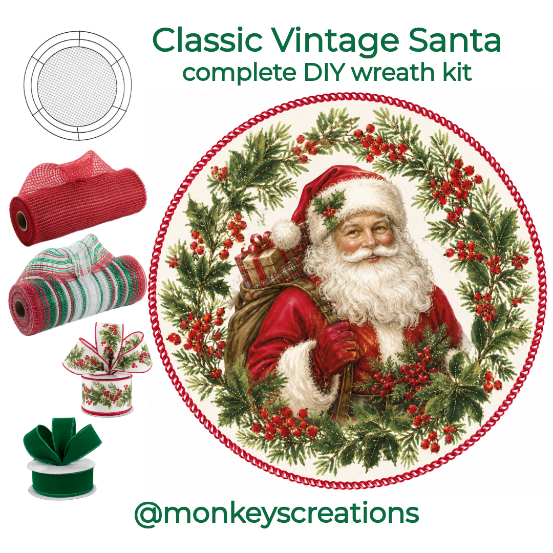 DIY Christmas wreath kit by Monkey's Creations featuring a classic vintage Santa themed metal wreath sign with deco mesh, wired ribbon and a Wreaths of Joy work form.