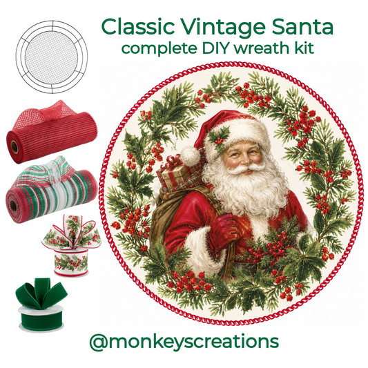 DIY Christmas wreath kit by Monkey's Creations featuring a classic vintage Santa themed metal wreath sign with deco mesh, wired ribbon and a Wreaths of Joy work form.