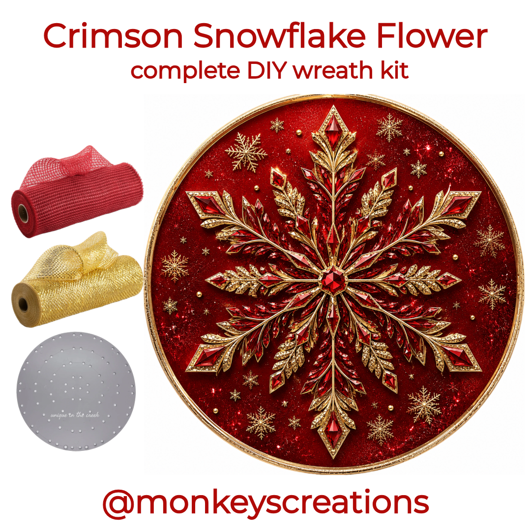 Complete DIY wreath kit by Monkey's Creations featuring an 8" jeweled red and gold snowflake round metal wreath sign, 2 rolls of red and gold deco mesh, a UITC small board and 100 zip ties. 