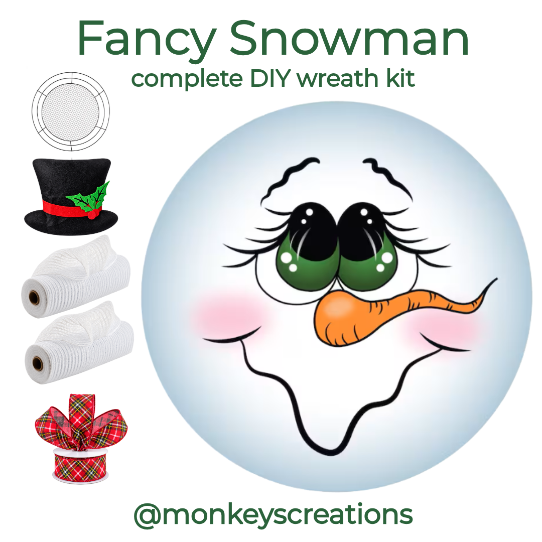 Fancy Snowman complete DIY wreath kit by Monkey's Creations featuring a 10" round metal snowman face wreath sign, a 14" Wreaths of Joy wire mesh work form, 2 rolls of 10" by 10 yard white breeze deco mesh, 1 1.5" by 10 yard roll of red, yellow, black and green argyle satin wired ribbon and 1 12" felt top hat - 100pk of 18lb 6" zip ties also included. 