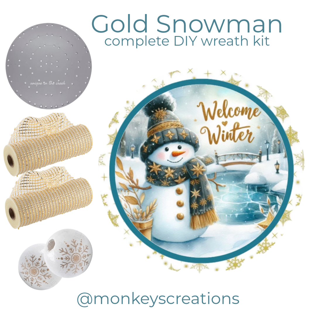 Gold Snowman DIY wreath kit by Monkey's Creations - Christmas in July. 