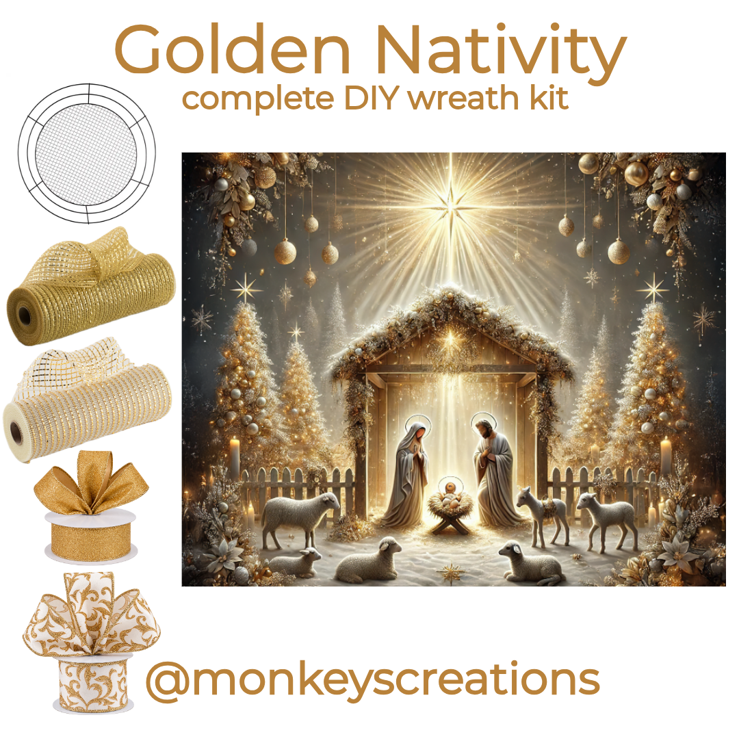Complete DIY wreath kit by Monkey's Creations featuring a wreaths of joy wire mesh work form, 2 rolls of golden deco mesh and two rolls of golden wired ribbon and a rectangle metal wreath sign featuring a Christmassy golden nativity scene. 