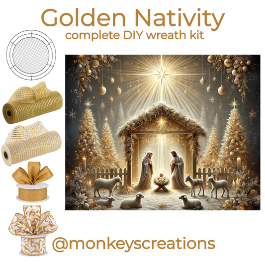 Complete DIY wreath kit by Monkey's Creations featuring a wreaths of joy wire mesh work form, 2 rolls of golden deco mesh and two rolls of golden wired ribbon and a rectangle metal wreath sign featuring a Christmassy golden nativity scene. 