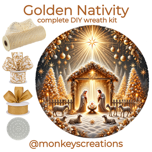 Complete DIY wreath kit by Monkey's Creations featuring a wreaths of joy wire mesh work form, 1 roll of creme and gold deco mesh, two rolls of creme and gold wired ribbon and a round metal wreath sign featuring a Christmassy golden nativity scene. 