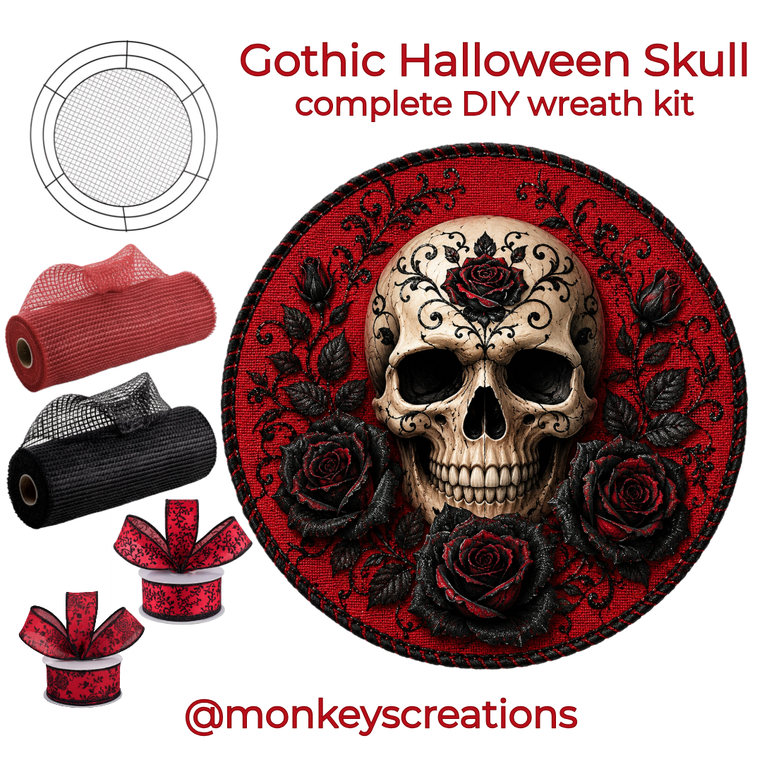 Gothic Halloween skull DIY wreath kit featuring a wreaths of joy wire mesh work form red and black deco mesh and red and black wired ribbon. Text reads 'Gothic Halloween Skull complete DIY wreath kit' and '@monkeyscreations'.