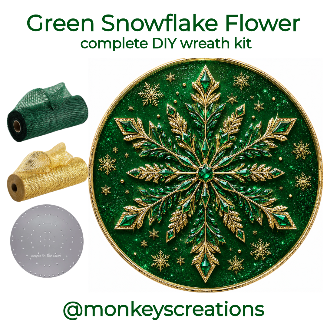Complete DIY wreath kit by Monkey's Creations featuring an 8" jeweled green and gold snowflake round metal wreath sign, 2 rolls of purple and gold deco mesh, a UITC small board and 100 zip ties. 