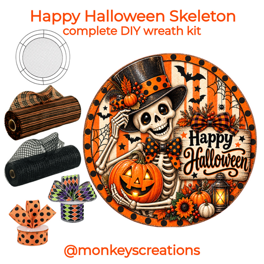 Happy Halloween skeleton DIY wreath kit with a 10" round metal wreath sign featuring a smiling skeleton, jack-o'-lantern, bats, spiderwebs, pumpkins, and 'Happy Halloween' with 2 rolls of wired color coordinated ribbon, two rolls of deco mesh and a 14" Wreaths of Joy wire mesh work form by Monkey's Creations. 
