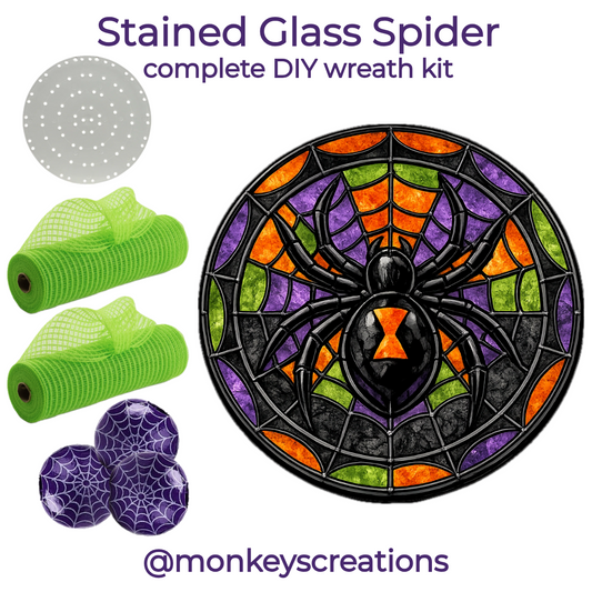 Stained glass spider complete DIY wreath kit by Monkey's Creations. Kit includes an 8" orange, green, orange and black stained glass spider metal wreath sign by Monkey's Creations, 2 10" x 30 yard rolls of lime green breeze deco mesh, 40 16mm wooden purple beads with white spider webs, 100 pack of zip ties and a uitc small board.