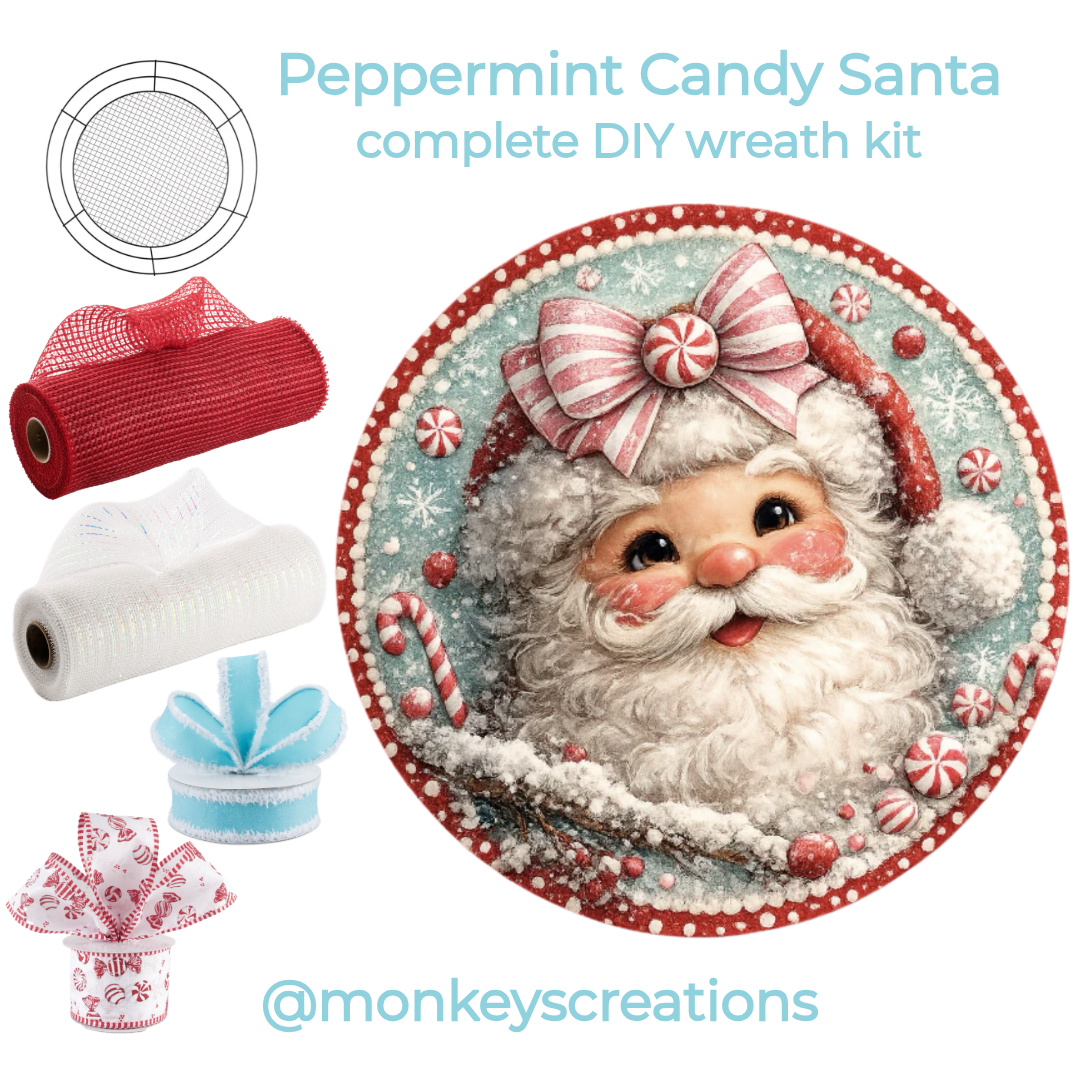 DIY wreath kit by Monkey's Creations featuring a peppermint candy theme with a metal wreath sign, a Wreaths of Joy work form, two rolls of deco mesh and two rolls of ribbon. 