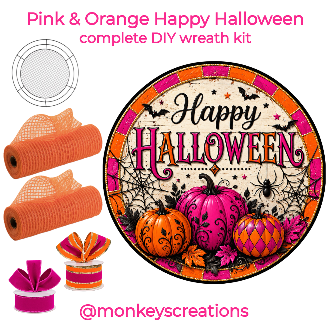 Pink and orange Happy Halloween complete DIY wreath kit featuring a Wreaths of Joy wire mesh work form, 2 rolls of orange deco mesh, 1 roll of pink ribbon, 1 roll of pink and orange ribbon and a 10" Happy Halloween pink and orange metal wreath sign by Monkey's Creations. 