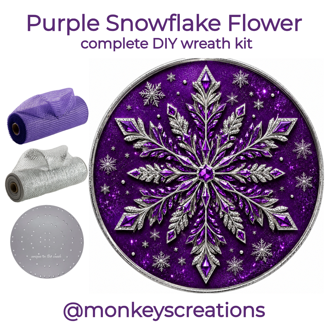 Complete DIY wreath kit by Monkey's Creations featuring an 8" jeweled purple and silver snowflake round metal wreath sign, 2 rolls of silver and purple deco mesh, a UITC small board and 100 zip ties. 