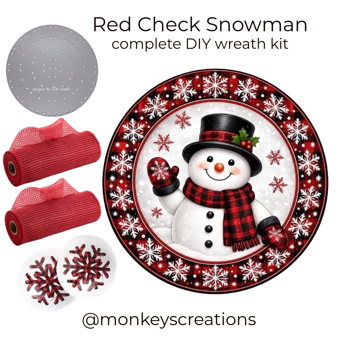 Red check Snowman DIY wreath kit by Monkey's Creations - Christmas in July. 
