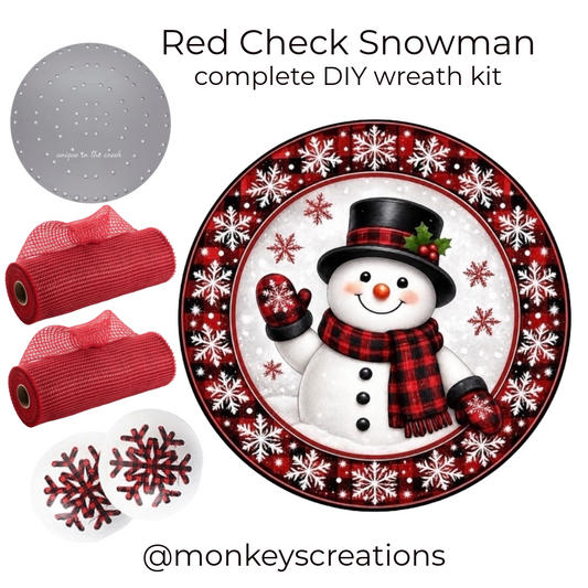 Red check Snowman DIY wreath kit by Monkey's Creations - Christmas in July. 