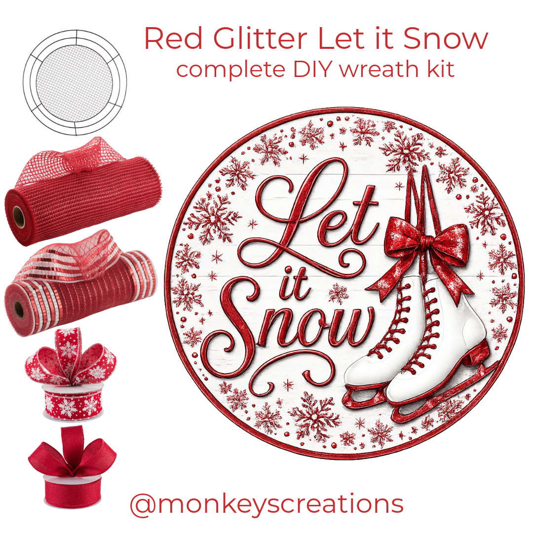 Red glitter inspired winter DIY wreath kit by Monkey's Creations featuring two rolls of deco mesh, 2 rolls of ribbon, a Wreaths of Joy work form and a round metal wreath sign with ice skates and "let it snow". 