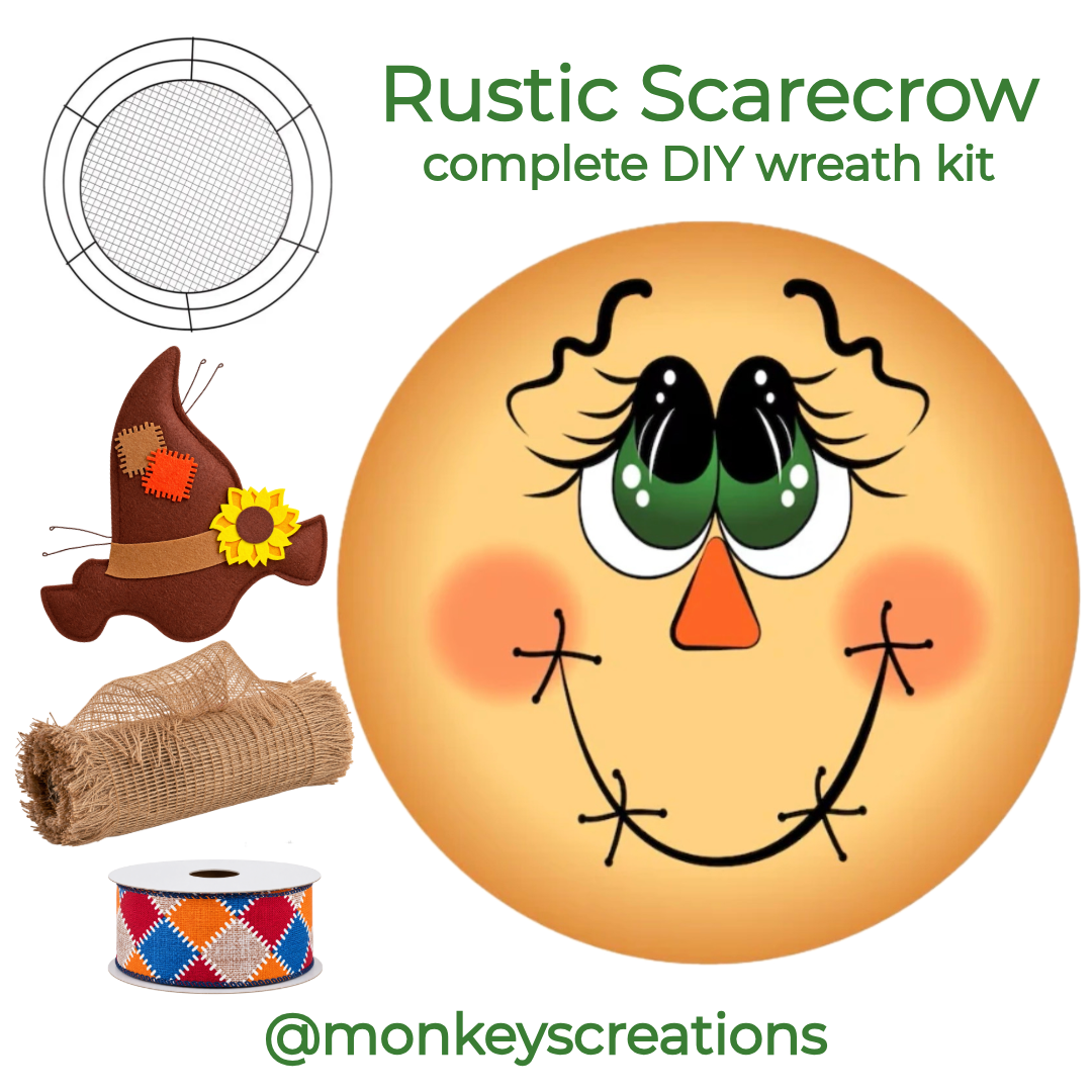 DIY scarecrow wreath kit graphic showing a large scarecrow face metal wreath sign, a felt patchwork scarecrow hat, a wreaths of joy metal wire mesh work form, a roll of colorful patchwork ribbon and a roll of frayed edge burlap deco mesh. Text reads 'Rustic Scarecrow complete DIY wreath kit' and '@monkeyscreations'.