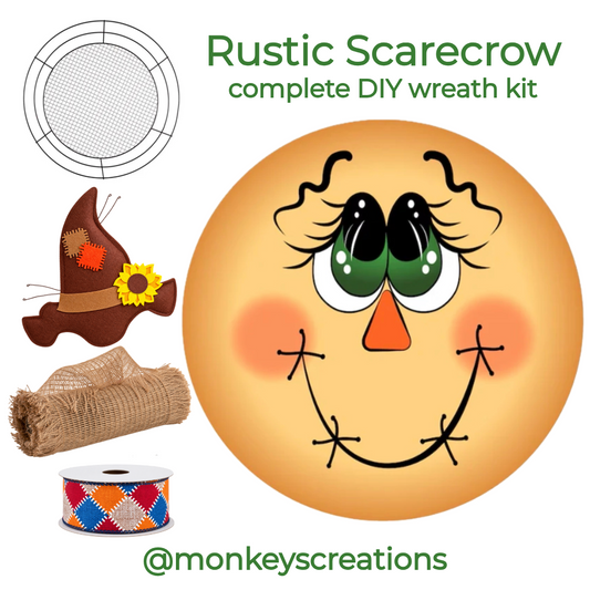 DIY scarecrow wreath kit graphic showing a large scarecrow face metal wreath sign, a felt patchwork scarecrow hat, a wreaths of joy metal wire mesh work form, a roll of colorful patchwork ribbon and a roll of frayed edge burlap deco mesh. Text reads 'Rustic Scarecrow complete DIY wreath kit' and '@monkeyscreations'.