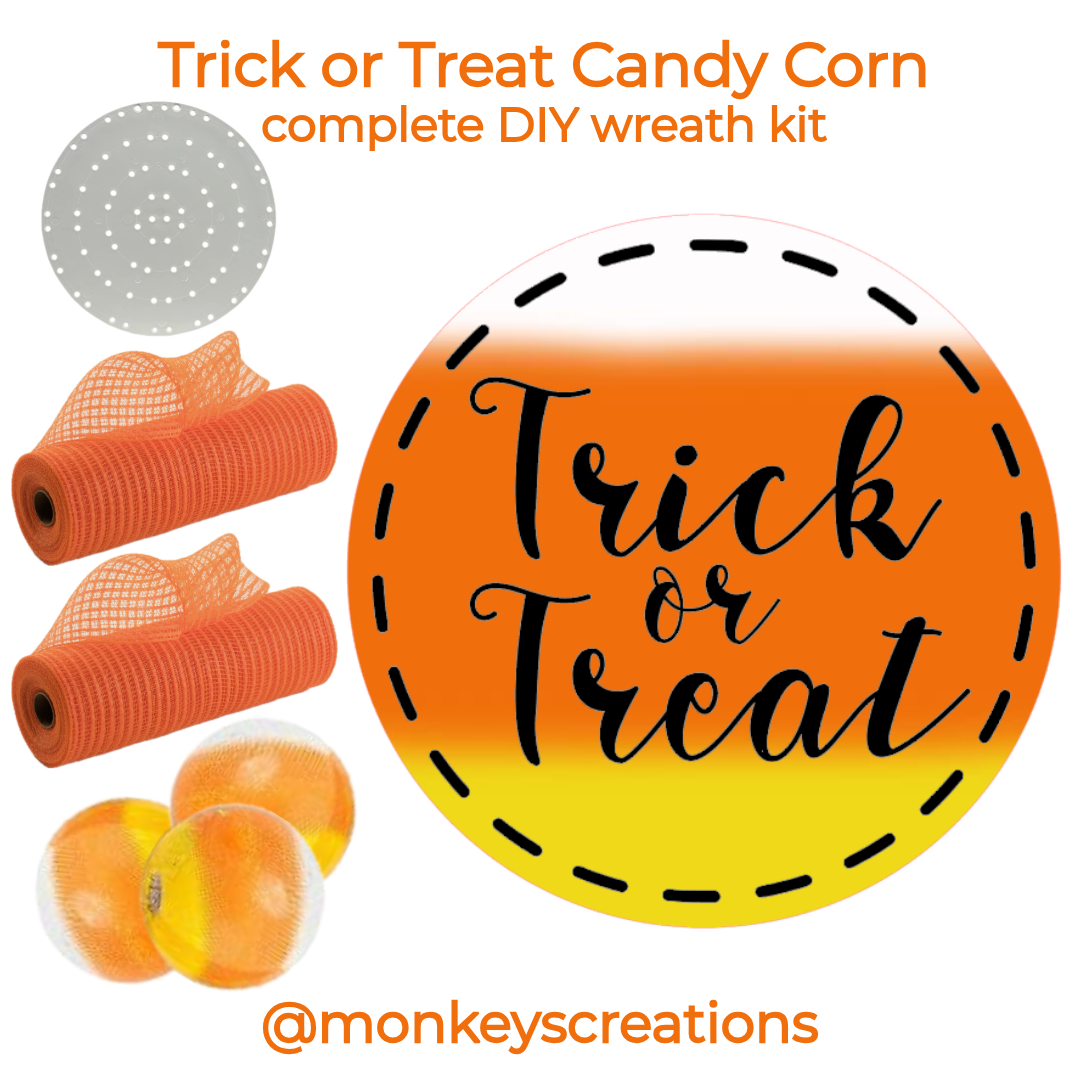 Trick or treat candy corn complete DIY wreath kit by Monkey's Creations. Kit includes an 8" trick or treat candy corn metal wreath sign by Monkey's Creations, 2 10" x 30 yard rolls of orange breeze deco mesh, 40 16mm wooden white, orange and yellow beads, 100 pack of zip ties and a uitc small board.