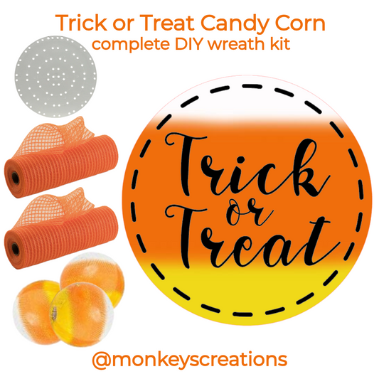 Trick or treat candy corn complete DIY wreath kit by Monkey's Creations. Kit includes an 8" trick or treat candy corn metal wreath sign by Monkey's Creations, 2 10" x 30 yard rolls of orange breeze deco mesh, 40 16mm wooden white, orange and yellow beads, 100 pack of zip ties and a uitc small board.