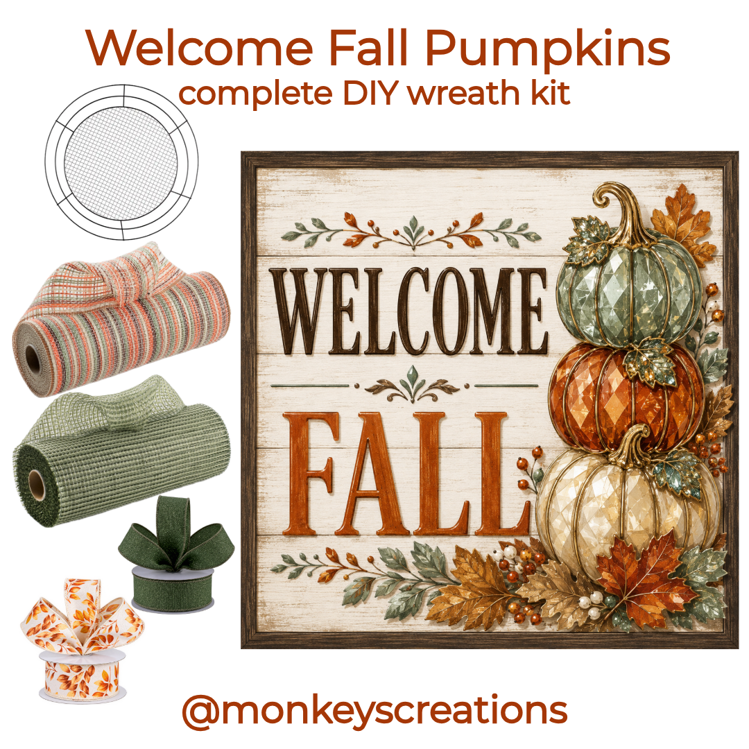 DIY welcome fall kit by Monkey's Creations, featuring square "welcome fall" pumpkins and foliage metal wreath sign, 2 rolls of deco mesh - one sage green and one multi-color "autumn spice", 2 rolls of wired ribbon - one sage glitter and one ivory with orange and brown leaves, a wreaths of joy work form and the text "welcome fall pumpkins - complete DIY wreath kit - @monkeyscreation".