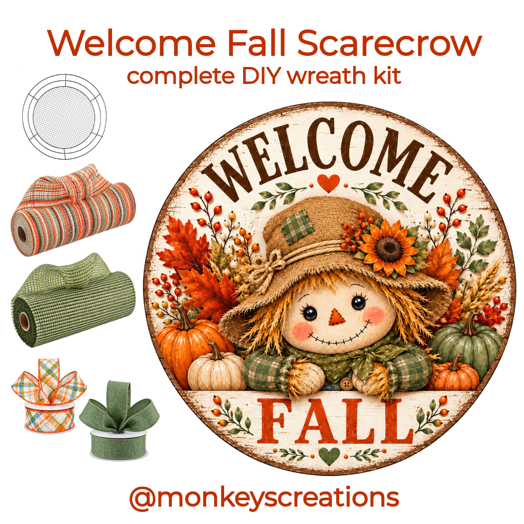 Welcome Fall Scarecrow complete DIY wreath kit by Monkey's Creations featuring a 10" round metal welcome fall scarecrow wreath sign, a 14" Wreaths of Joy wire mesh work form, 1 roll of 10" by 10 yard sage horizontal wide stripe deco mesh, 1 roll of 10" by 10 autumn spice vertical wide stripe deco mesh, 1 1.5" by 10 yard roll of sage glitter wired ribbon and 1 1.5" x 10 yard roll of blue fall plaid wired ribbon  - 100pk of 18lb 6" zip ties also included. 