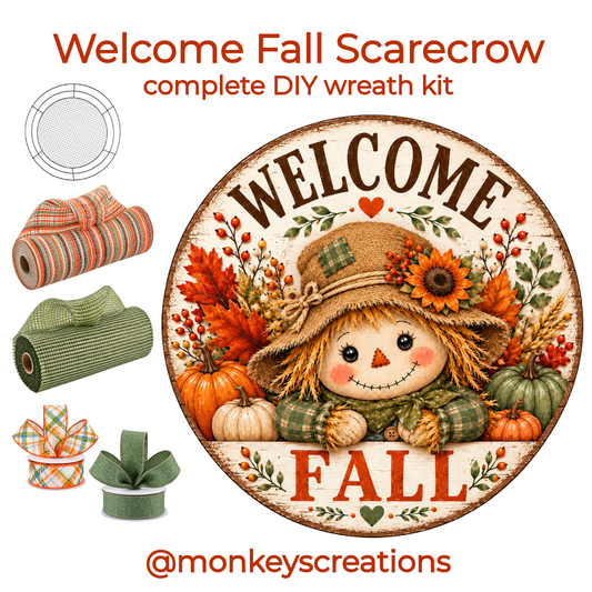 Welcome Fall Scarecrow complete DIY wreath kit by Monkey's Creations featuring a 10" round metal welcome fall scarecrow wreath sign, a 14" Wreaths of Joy wire mesh work form, 1 roll of 10" by 10 yard sage horizontal wide stripe deco mesh, 1 roll of 10" by 10 autumn spice vertical wide stripe deco mesh, 1 1.5" by 10 yard roll of sage glitter wired ribbon and 1 1.5" x 10 yard roll of blue fall plaid wired ribbon  - 100pk of 18lb 6" zip ties also included. 