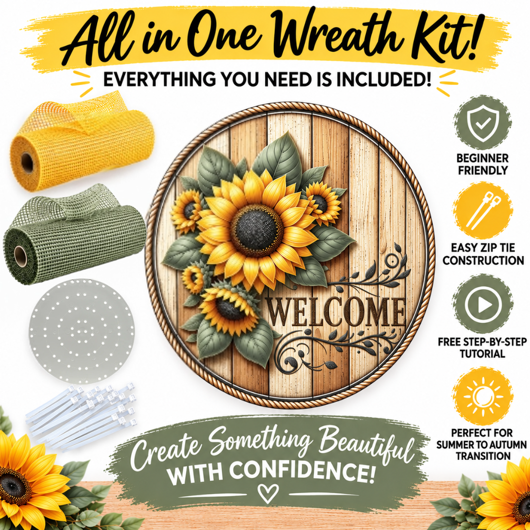 All in one DIY wreath kit by Monkey's Creations featuring a round metal wreath sign with sunflowers and "welcome" on natural colored wood along with zip ties, a small uitc wreath board, one roll of yellow deco mesh and one roll of sage deco mesh.
