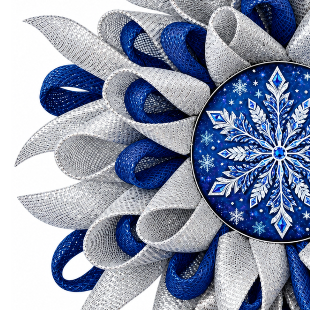 Deco mesh snowflake flower wreath example featuring navy blue and all foil silver deco mesh with an 8" ornate blue and silver snowflake metal wreath sign center. 