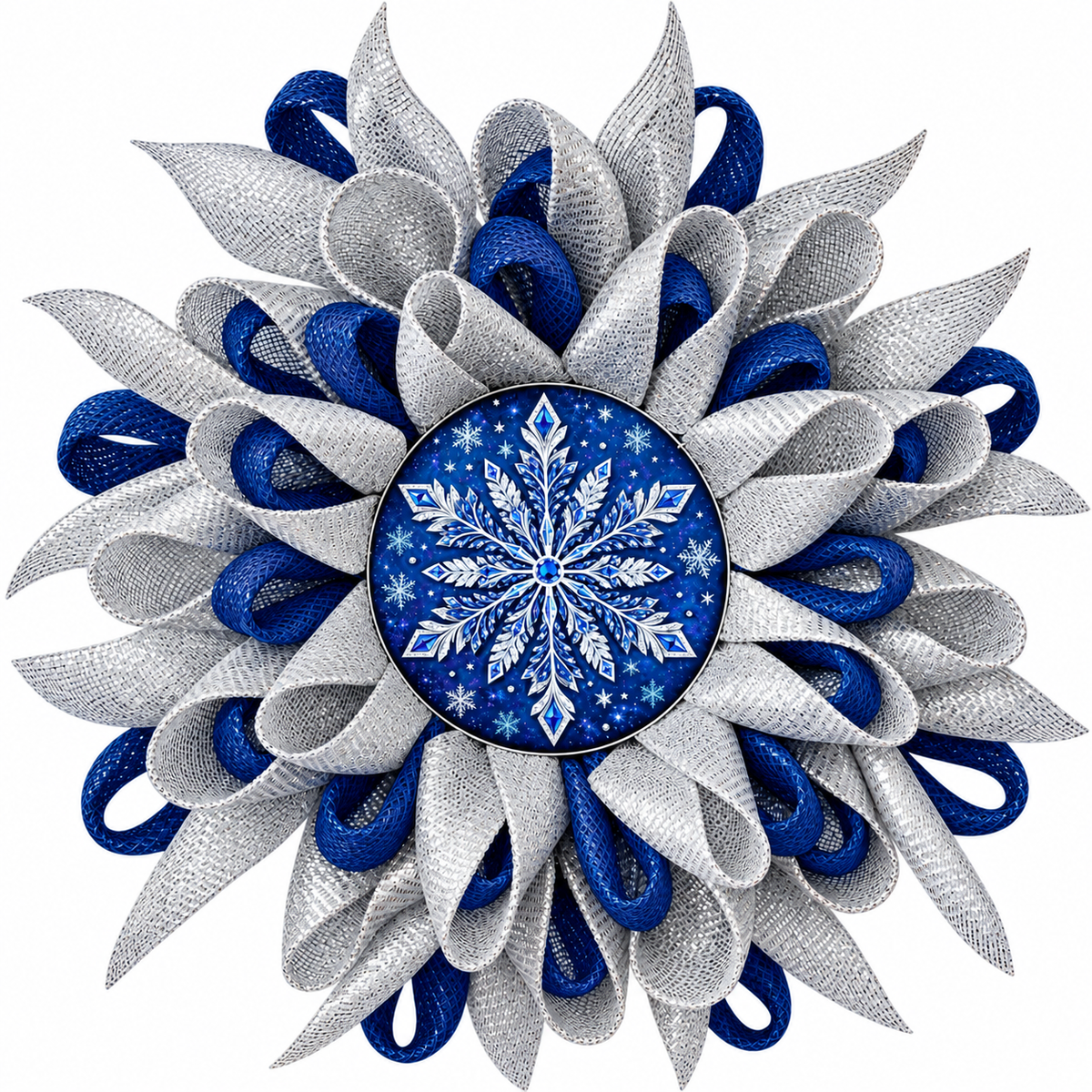 Deco mesh snowflake flower wreath example featuring navy blue and all foil silver deco mesh with an 8" ornate blue and silver snowflake metal wreath sign center. 