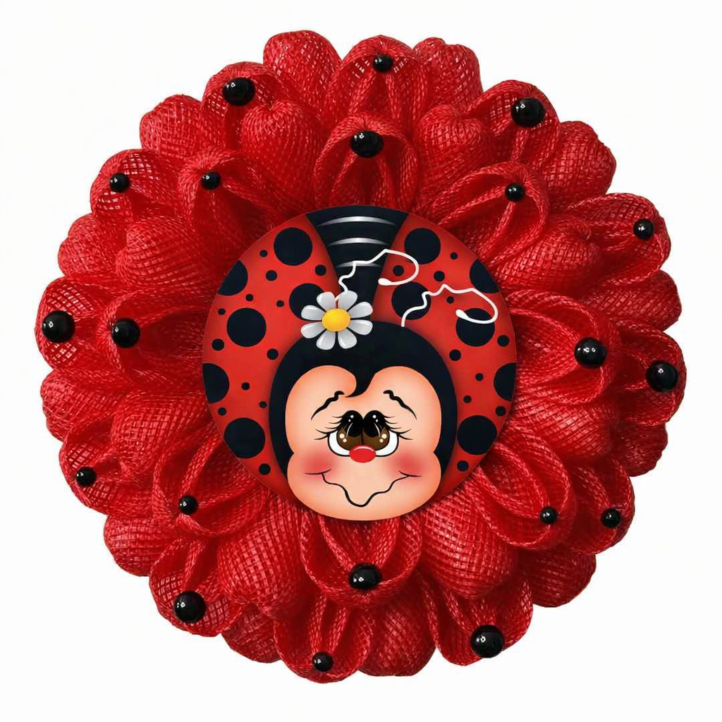 Ladybug inspired wreath with red deco mesh, black dots and a ladybug metal wreath sign in the center 