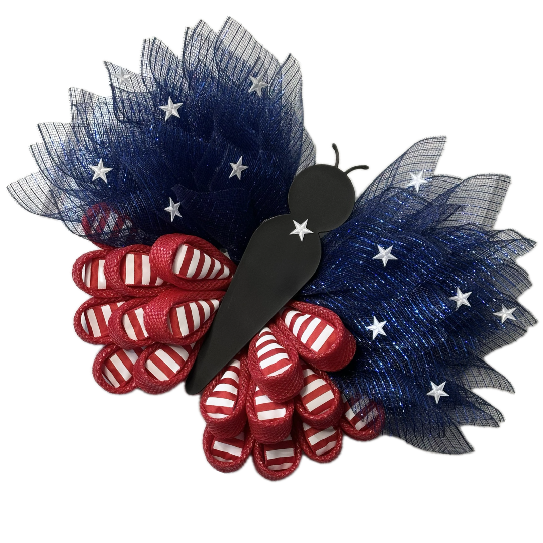 USA red white and blue deco mesh Butterfly with white stars designed by Monkey's Creations