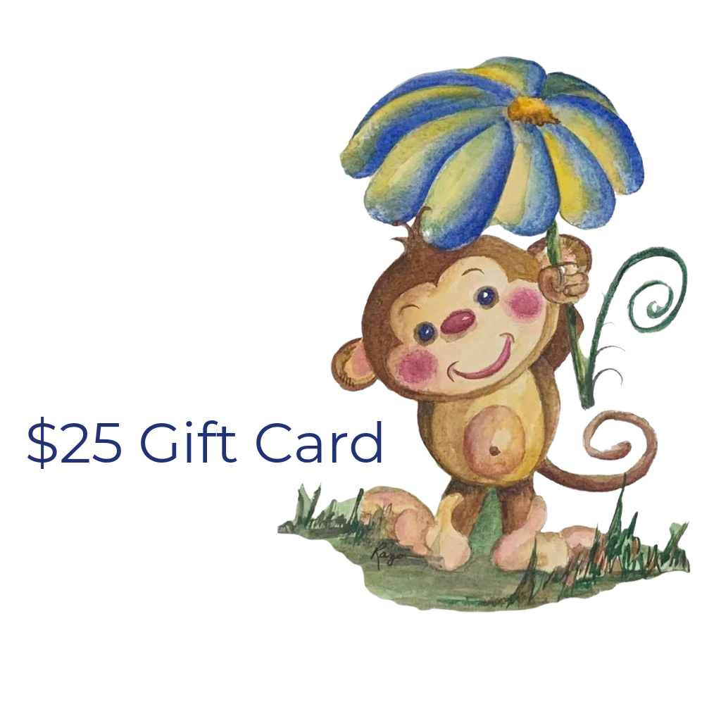 Monkey's Creations $25 gift card, monkey logo with flower umbrella