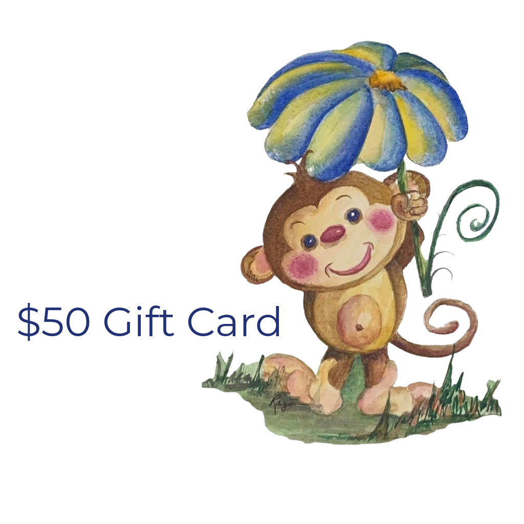 Monkey's Creations $50 gift card, monkey logo with flower umbrella