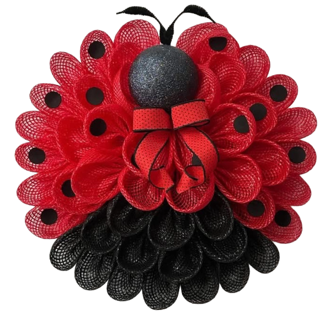 Monkey's Creations red and black deco mesh ladybug wreath with poly foam and pipe cleaner accents