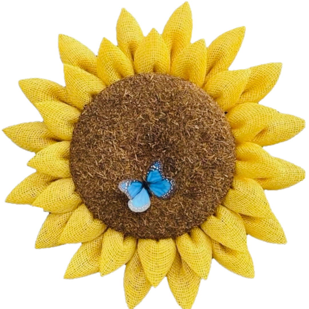 Monkey's Creations Sunflower wreath with blue butterfly on an oversized centre.